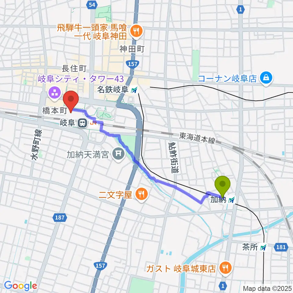 加納駅からじゅうろくプラザへのルートマップ地図