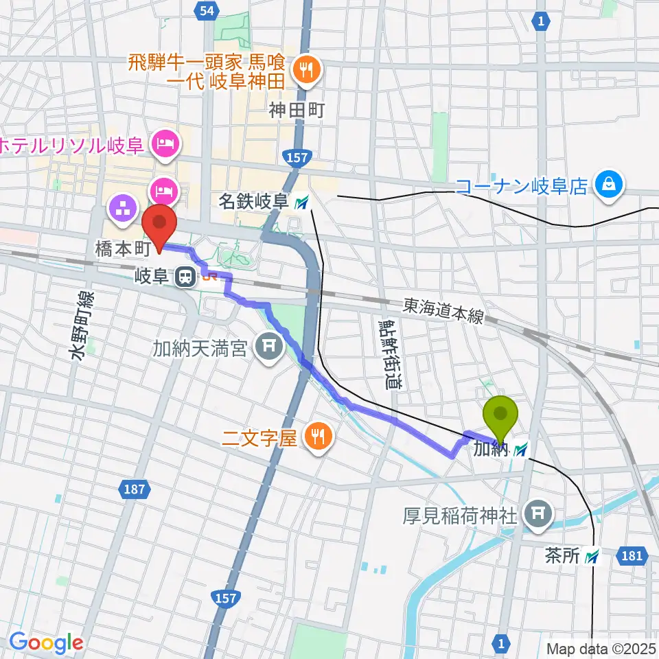 加納駅からじゅうろくプラザへのルートマップ地図
