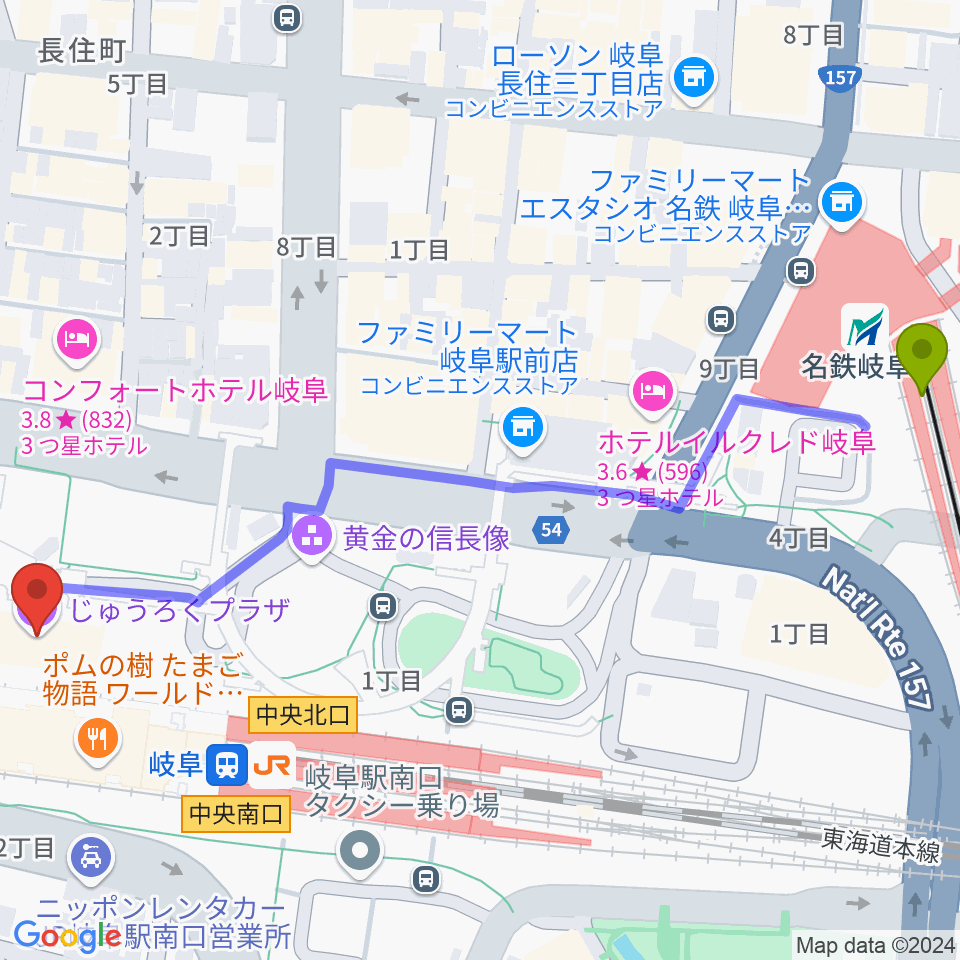 名鉄岐阜駅からじゅうろくプラザへのルートマップ地図