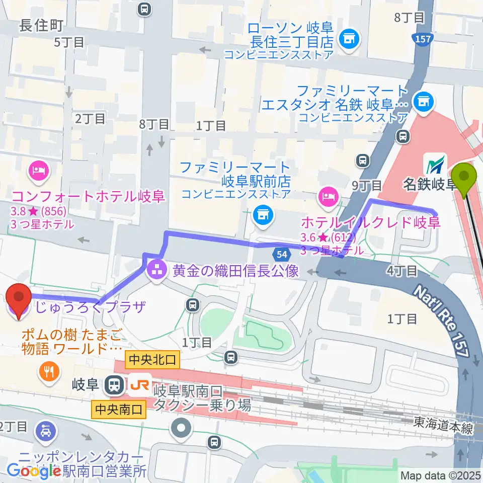 名鉄岐阜駅からじゅうろくプラザへのルートマップ地図