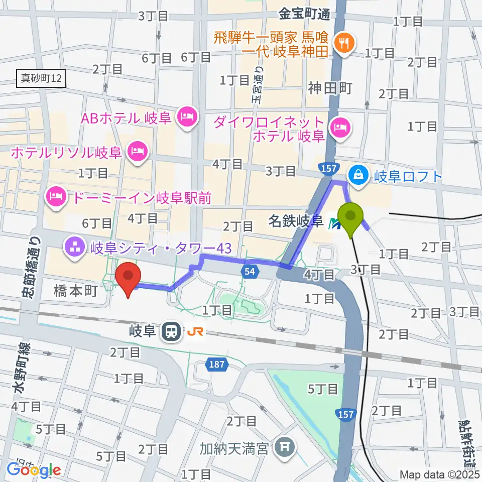 名鉄岐阜駅からじゅうろくプラザへのルートマップ地図