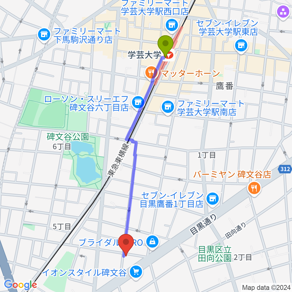 碑文谷APIA40の最寄駅学芸大学駅からの徒歩ルート（約11分）地図