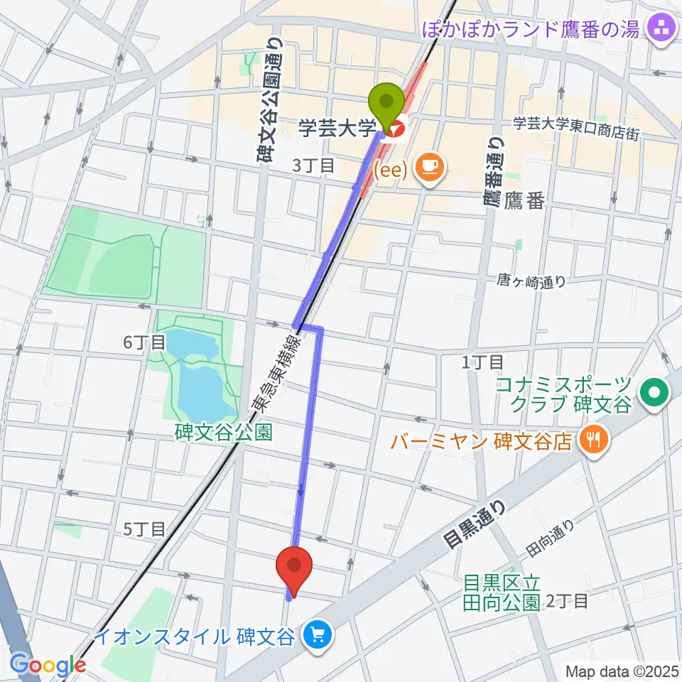碑文谷APIA40の最寄駅学芸大学駅からの徒歩ルート（約11分）地図