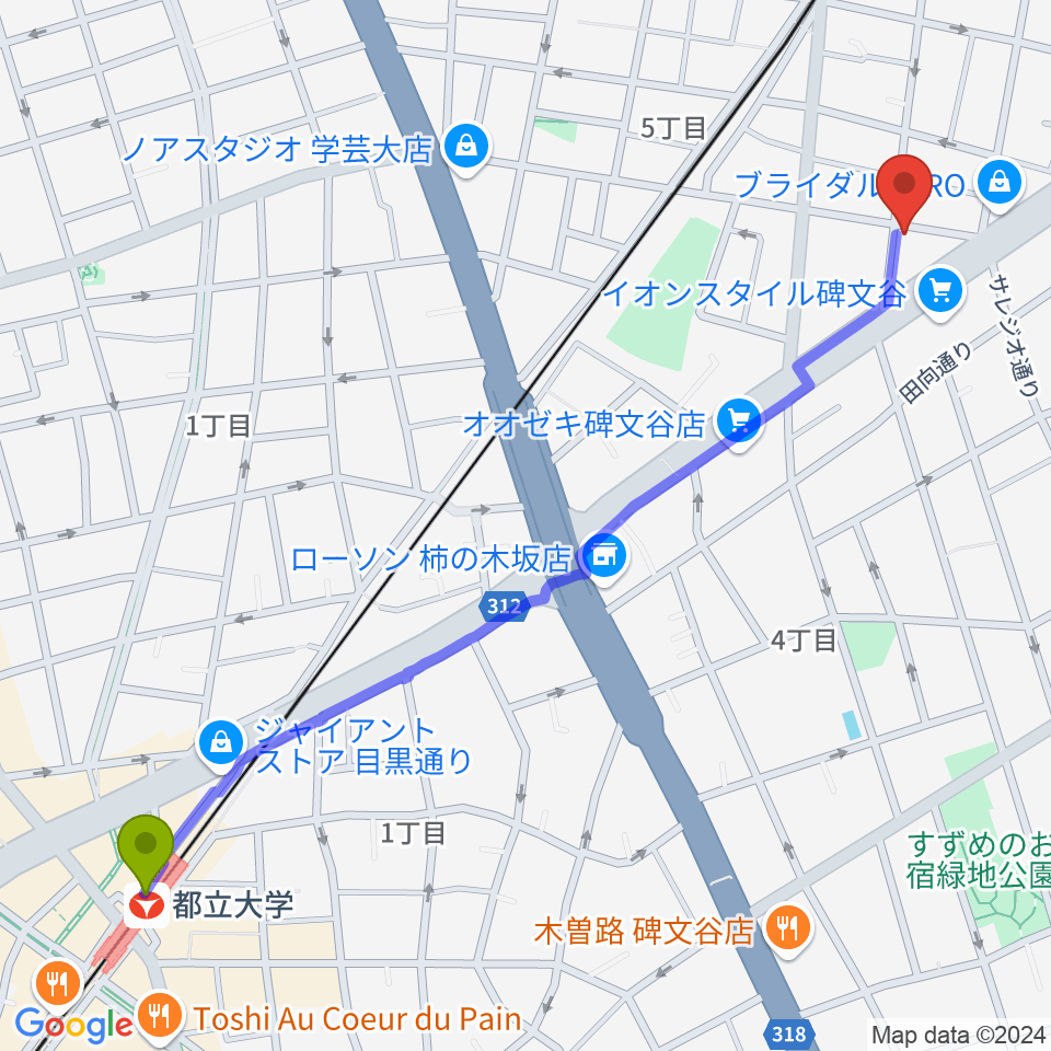 都立大学駅から碑文谷APIA40へのルートマップ地図