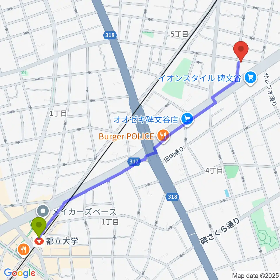 都立大学駅から碑文谷APIA40へのルートマップ地図