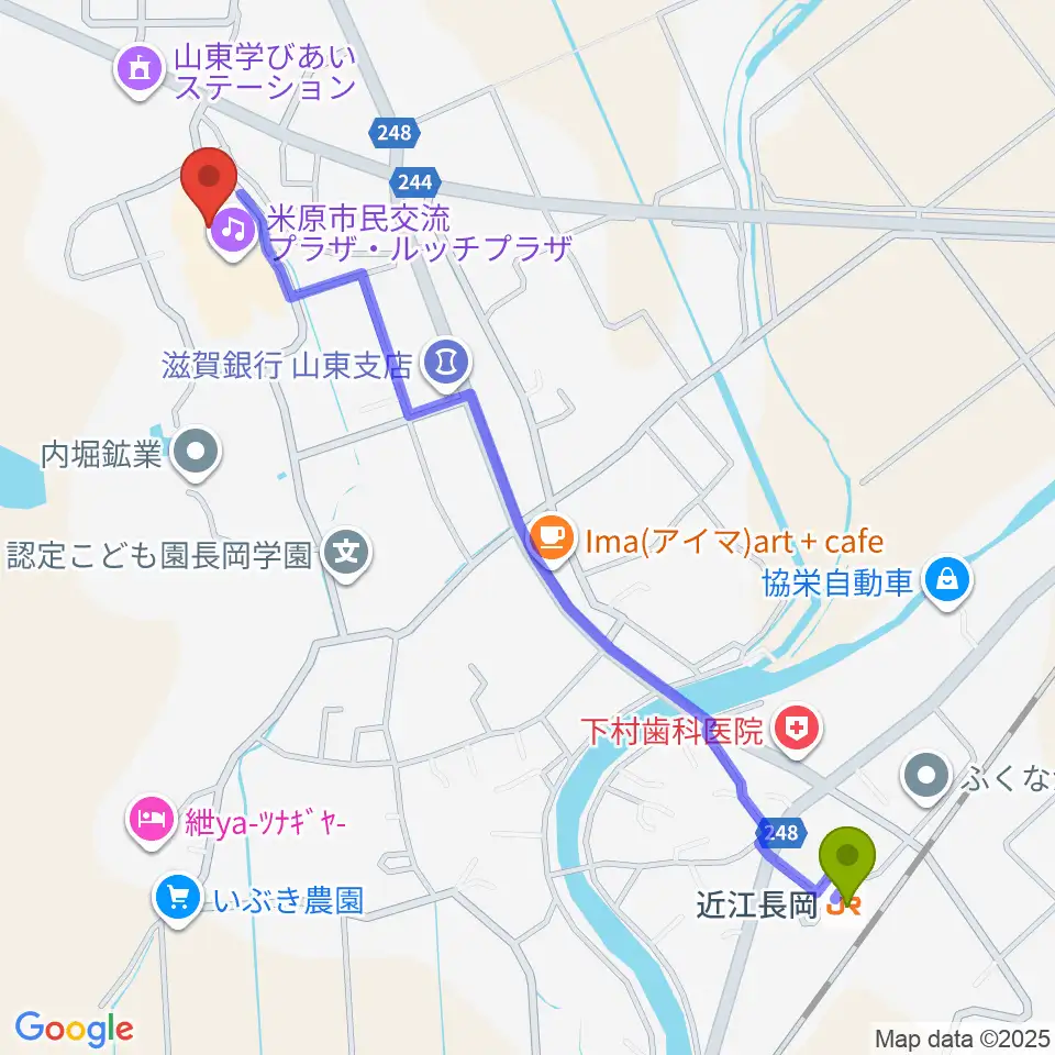 ルッチプラザ ベルホール310の最寄駅近江長岡駅からの徒歩ルート（約14分）地図