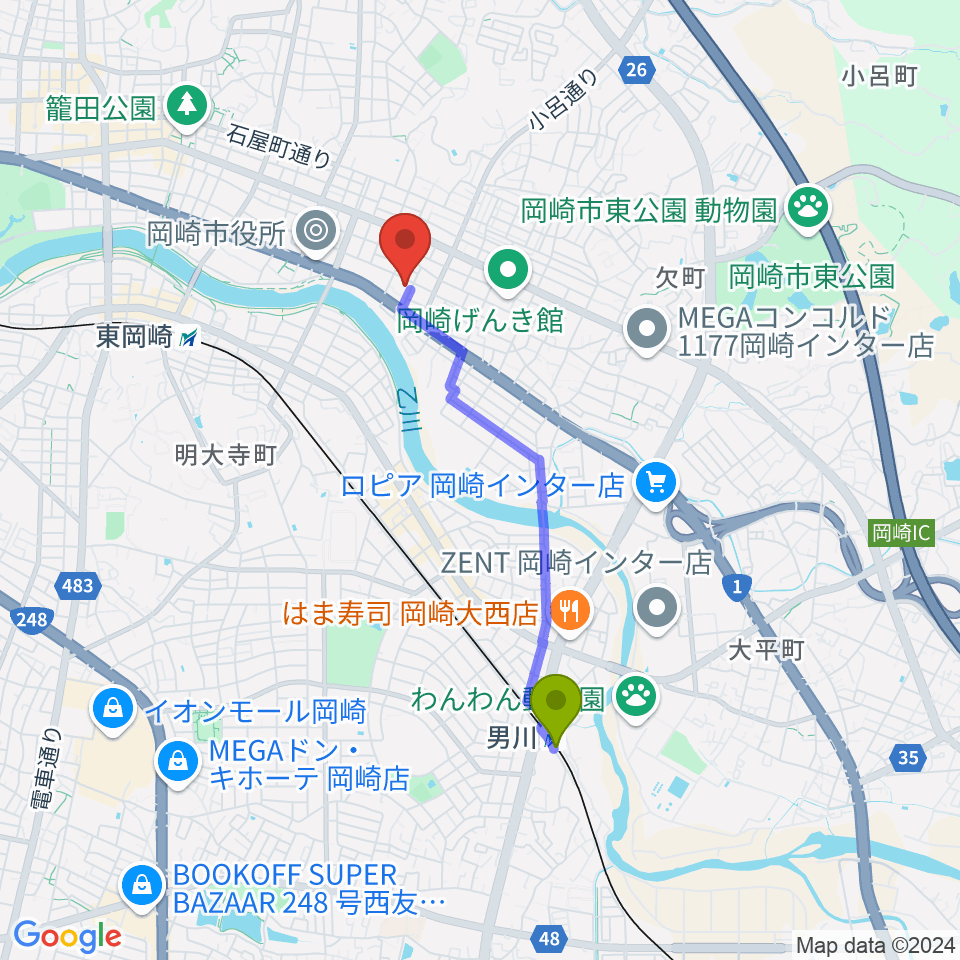 男川駅から岡崎市せきれいホールへのルートマップ地図