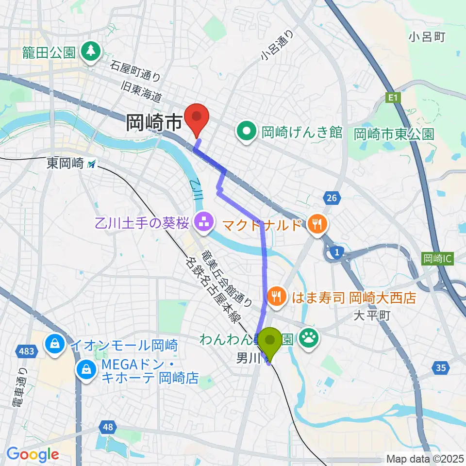 男川駅から岡崎市せきれいホールへのルートマップ地図