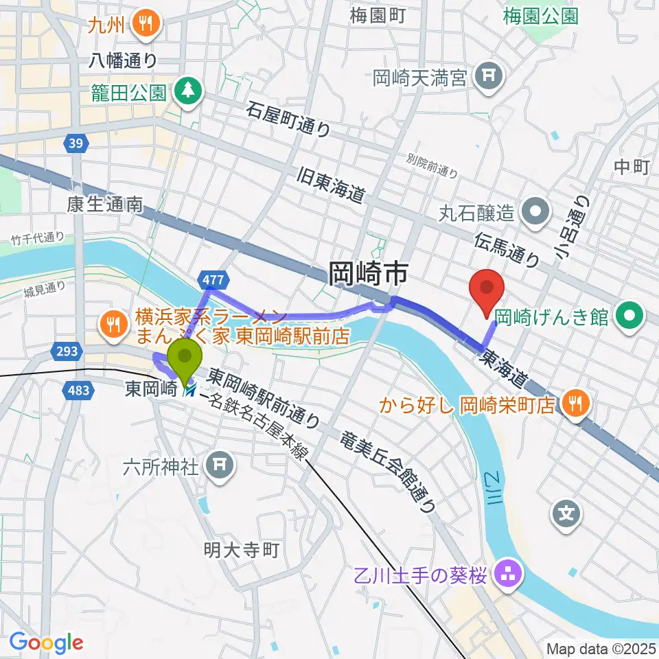岡崎市せきれいホールの最寄駅東岡崎駅からの徒歩ルート（約15分）地図
