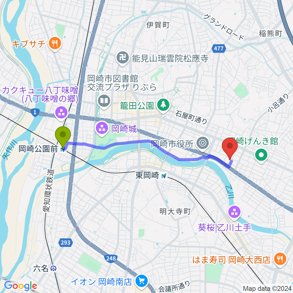 岡崎公園前駅から岡崎市せきれいホールへのルートマップ地図