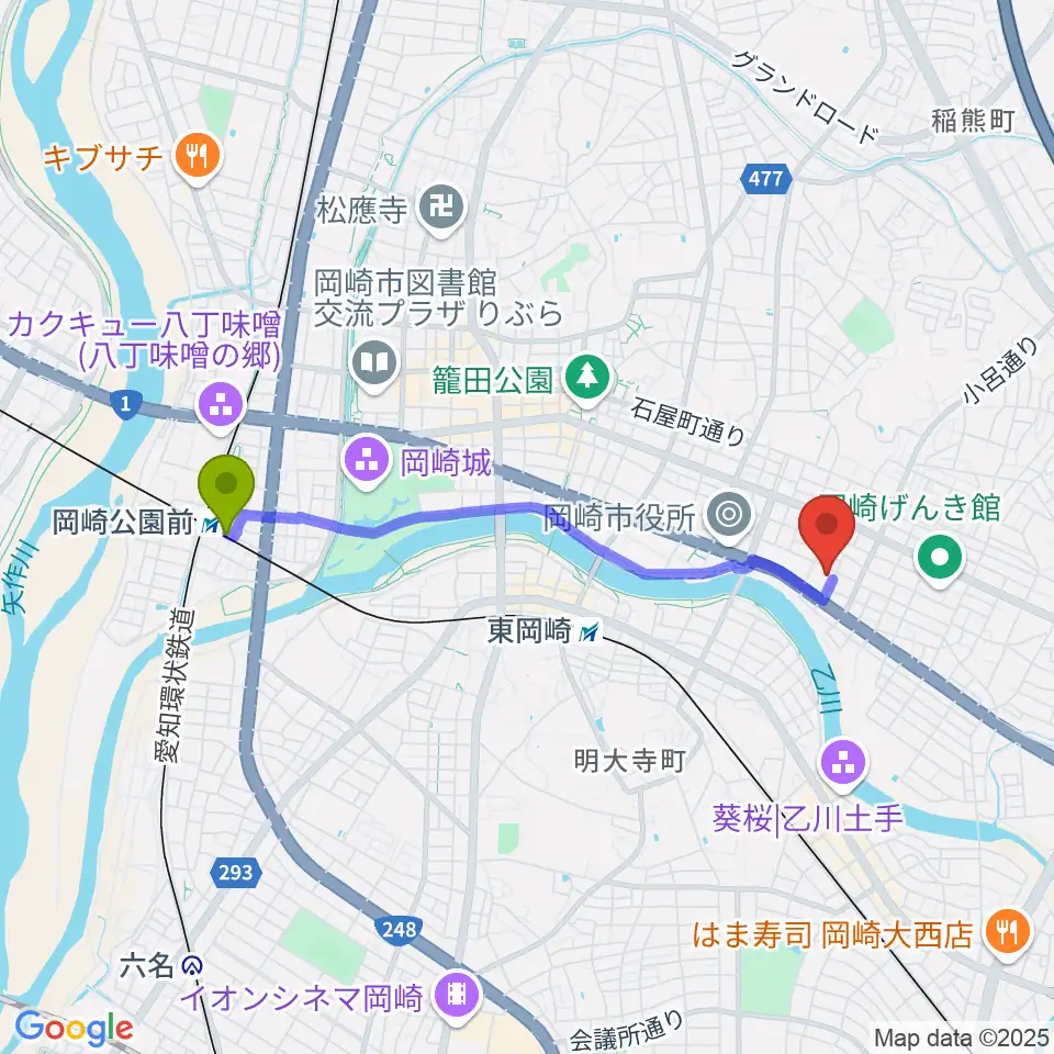 岡崎公園前駅から岡崎市せきれいホールへのルートマップ地図