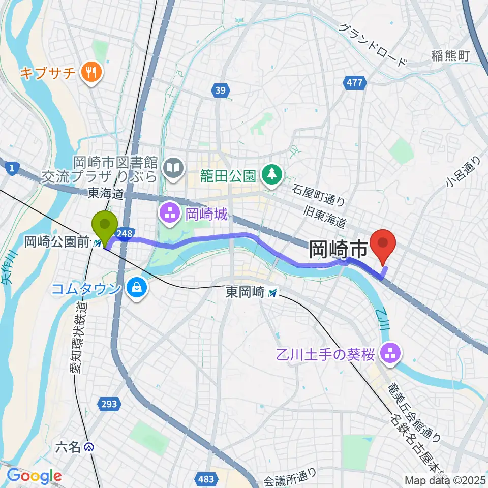 岡崎公園前駅から岡崎市せきれいホールへのルートマップ地図