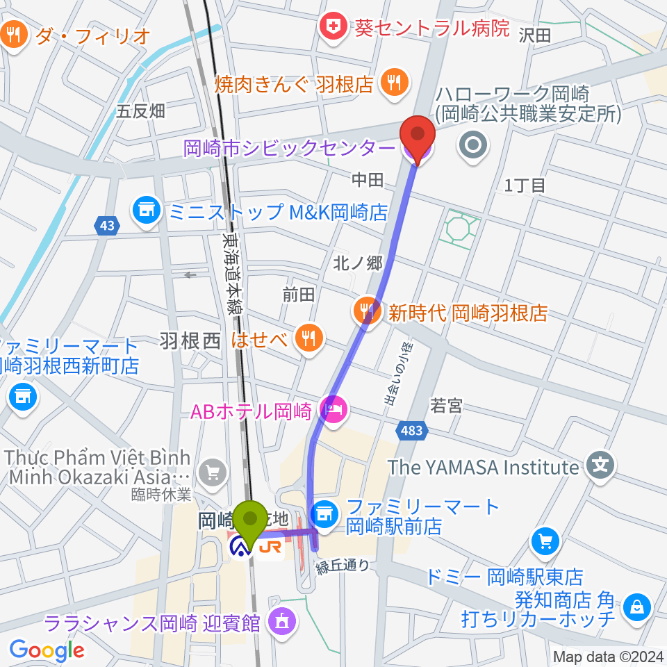 岡崎市シビックセンターの最寄駅岡崎駅からの徒歩ルート（約10分）地図