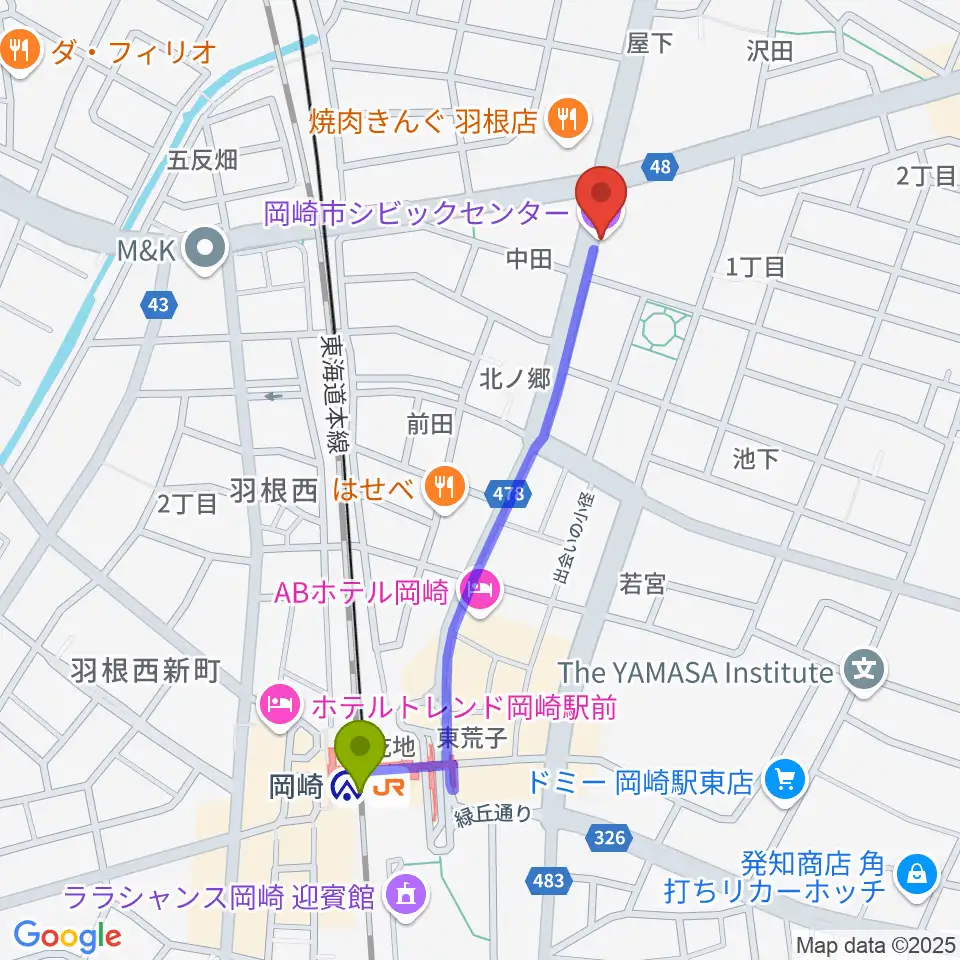 岡崎市シビックセンターの最寄駅岡崎駅からの徒歩ルート（約10分）地図