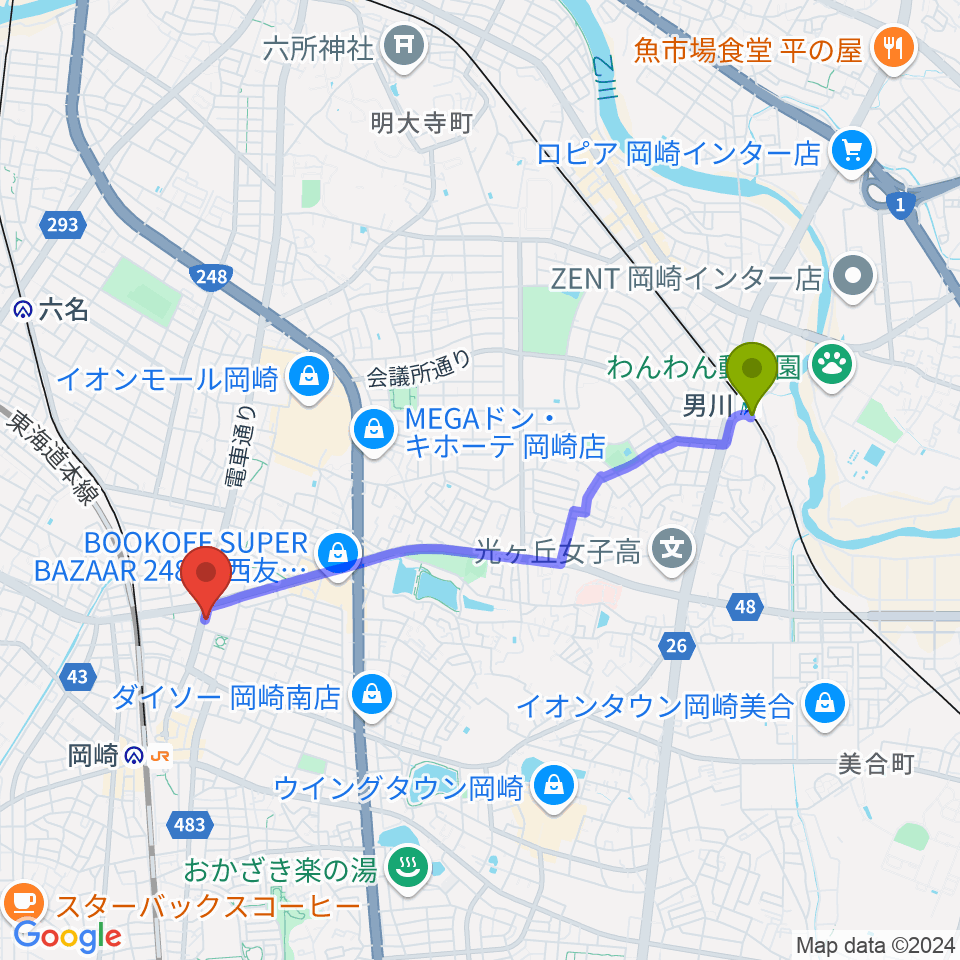 男川駅から岡崎市シビックセンターへのルートマップ地図