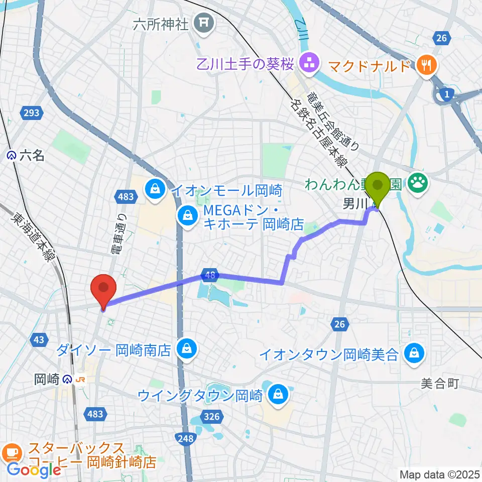 男川駅から岡崎市シビックセンターへのルートマップ地図