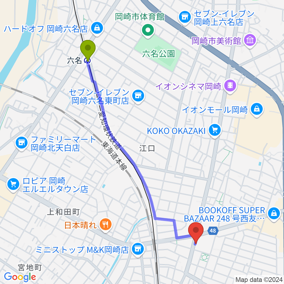 六名駅から岡崎市シビックセンターへのルートマップ地図