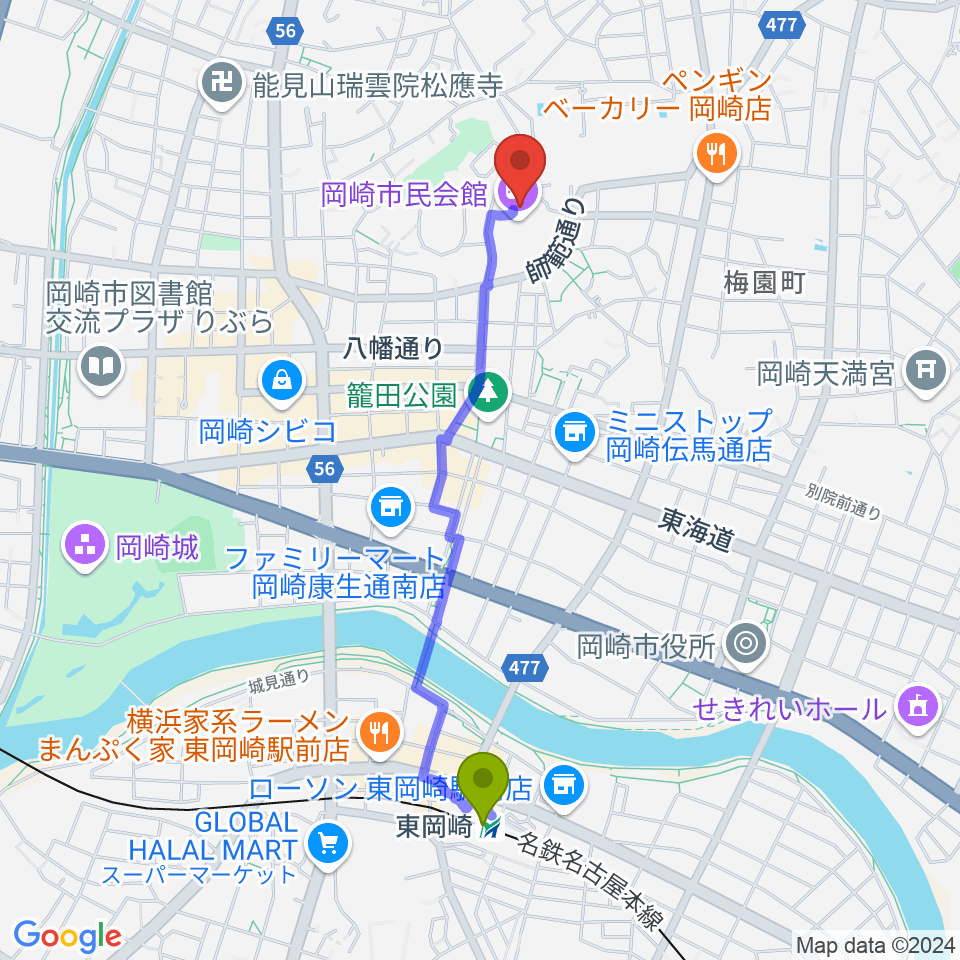 岡崎市民会館 あおいホールの最寄駅東岡崎駅からの徒歩ルート（約20分）地図