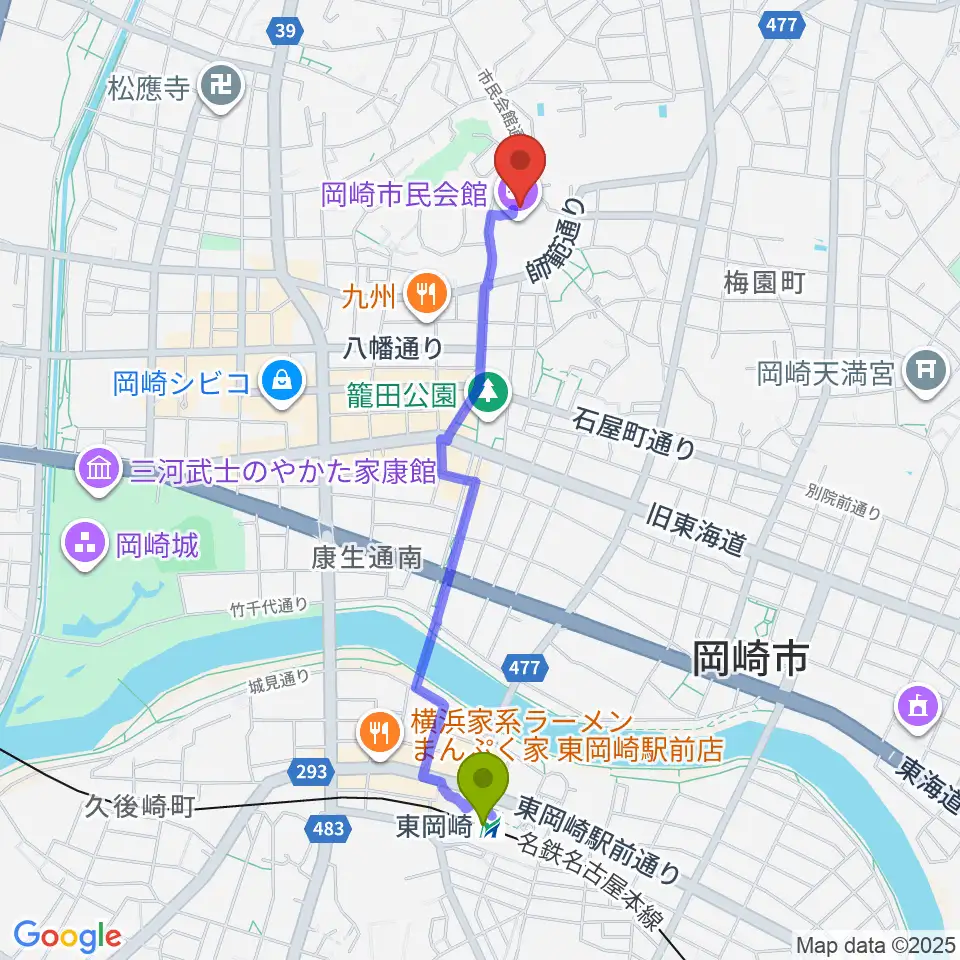 岡崎市民会館 あおいホールの最寄駅東岡崎駅からの徒歩ルート（約20分）地図