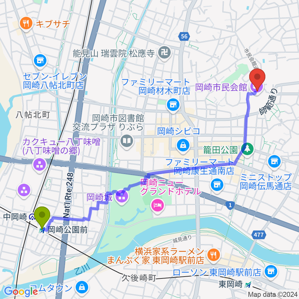 岡崎公園前駅から岡崎市民会館 あおいホールへのルートマップ地図