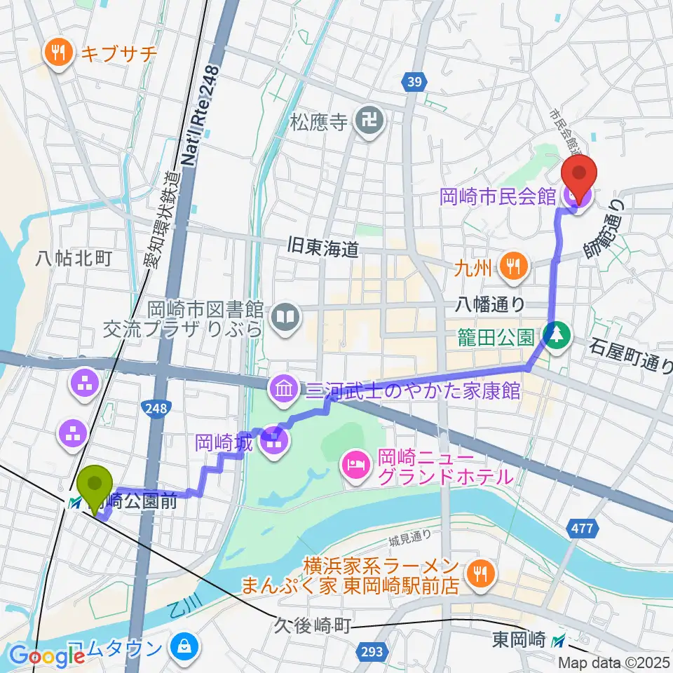 岡崎公園前駅から岡崎市民会館 あおいホールへのルートマップ地図