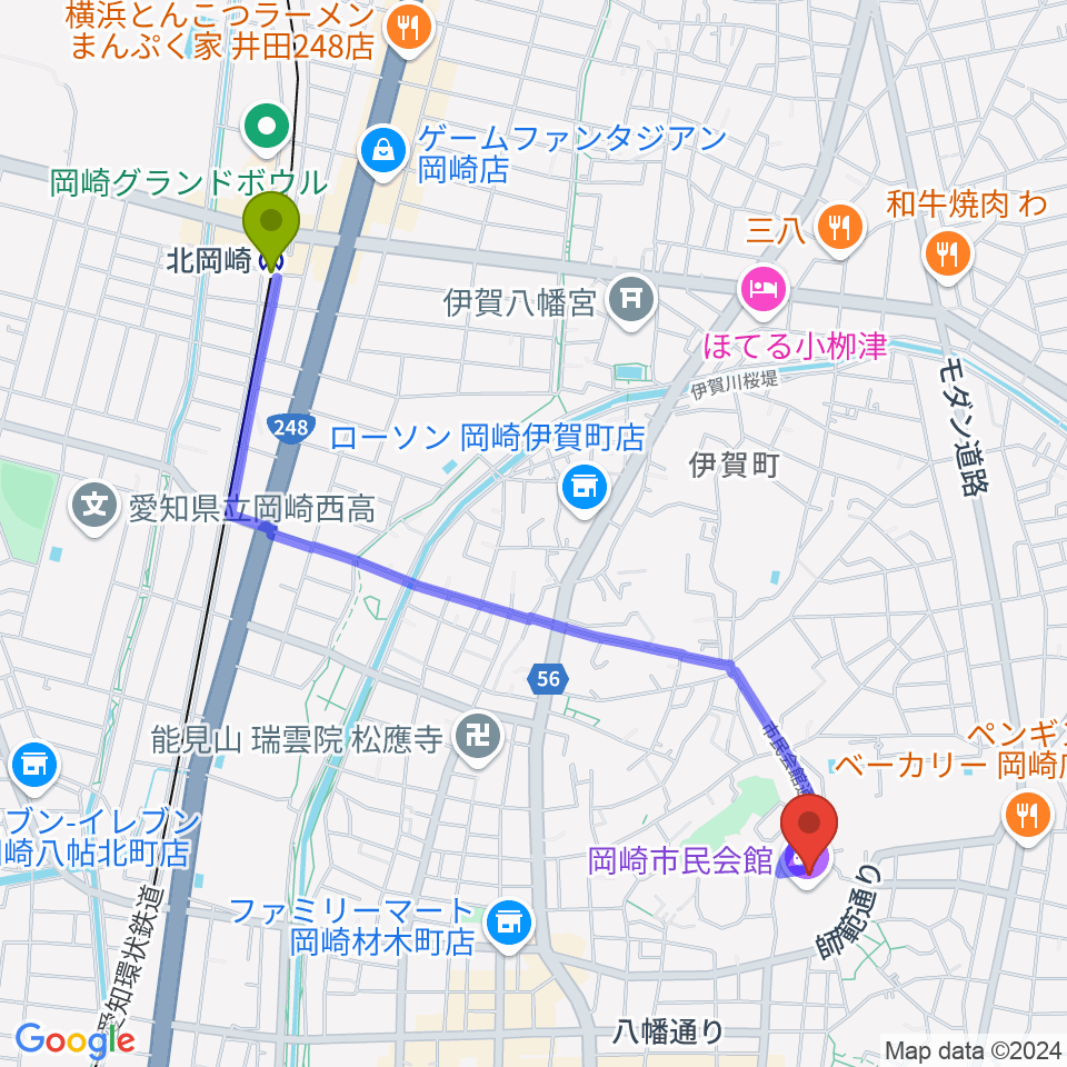 北岡崎駅から岡崎市民会館 あおいホールへのルートマップ地図