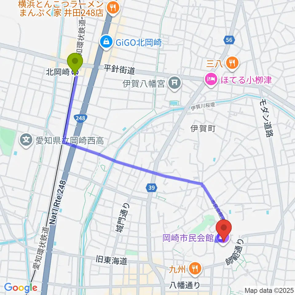 北岡崎駅から岡崎市民会館 あおいホールへのルートマップ地図