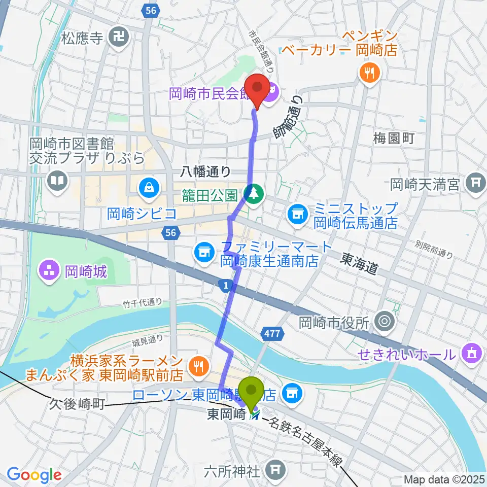 岡崎市甲山会館の最寄駅東岡崎駅からの徒歩ルート（約19分）地図