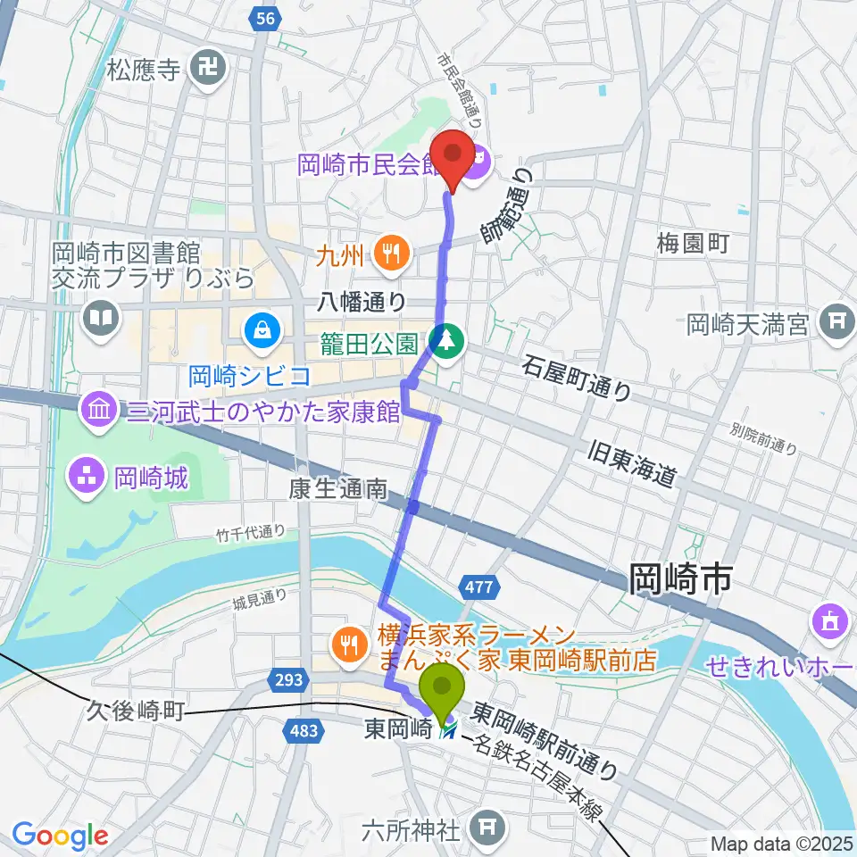 岡崎市甲山会館の最寄駅東岡崎駅からの徒歩ルート（約19分）地図