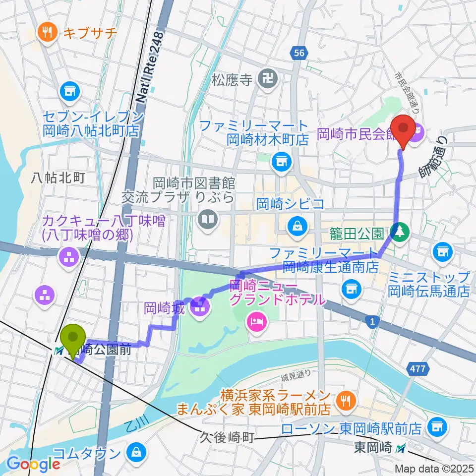 岡崎公園前駅から岡崎市甲山会館へのルートマップ地図