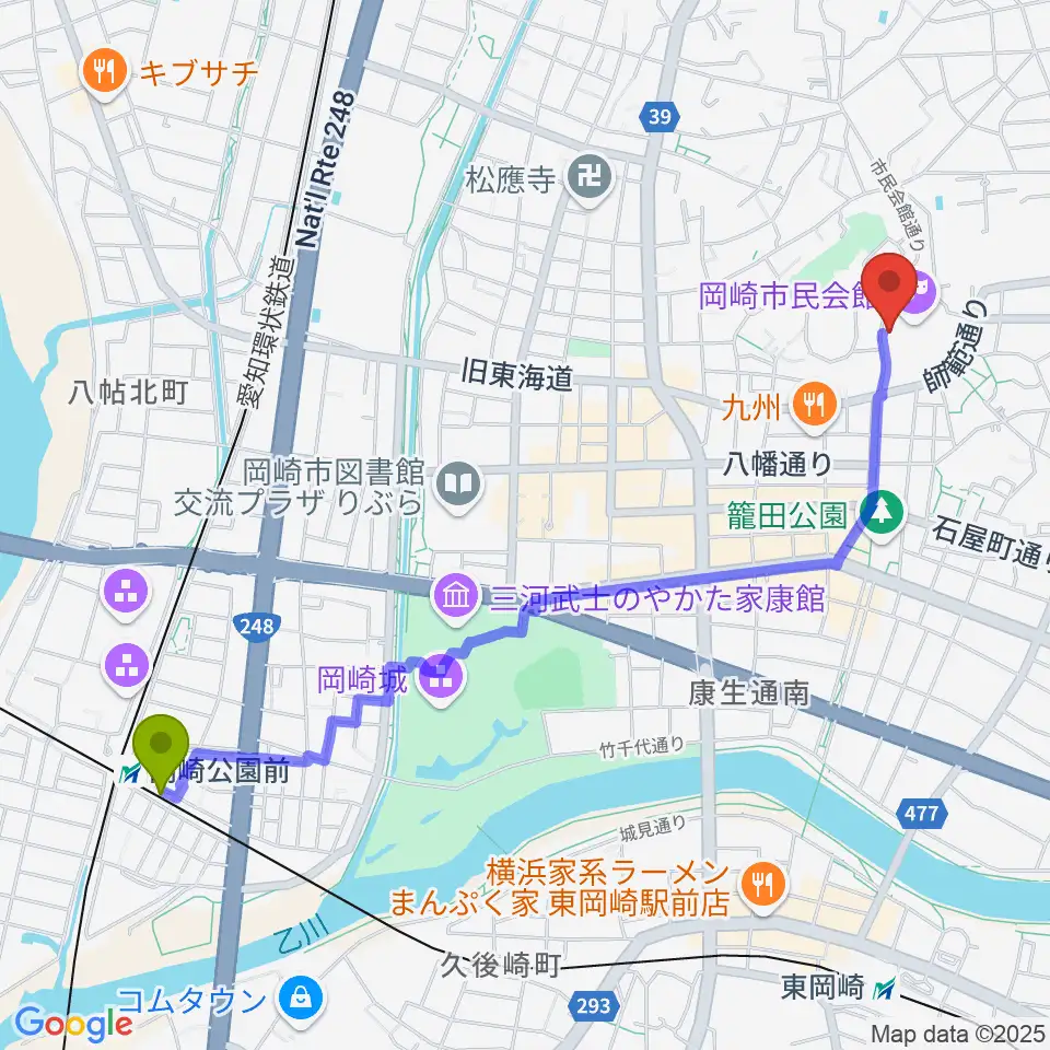 岡崎公園前駅から岡崎市甲山会館へのルートマップ地図