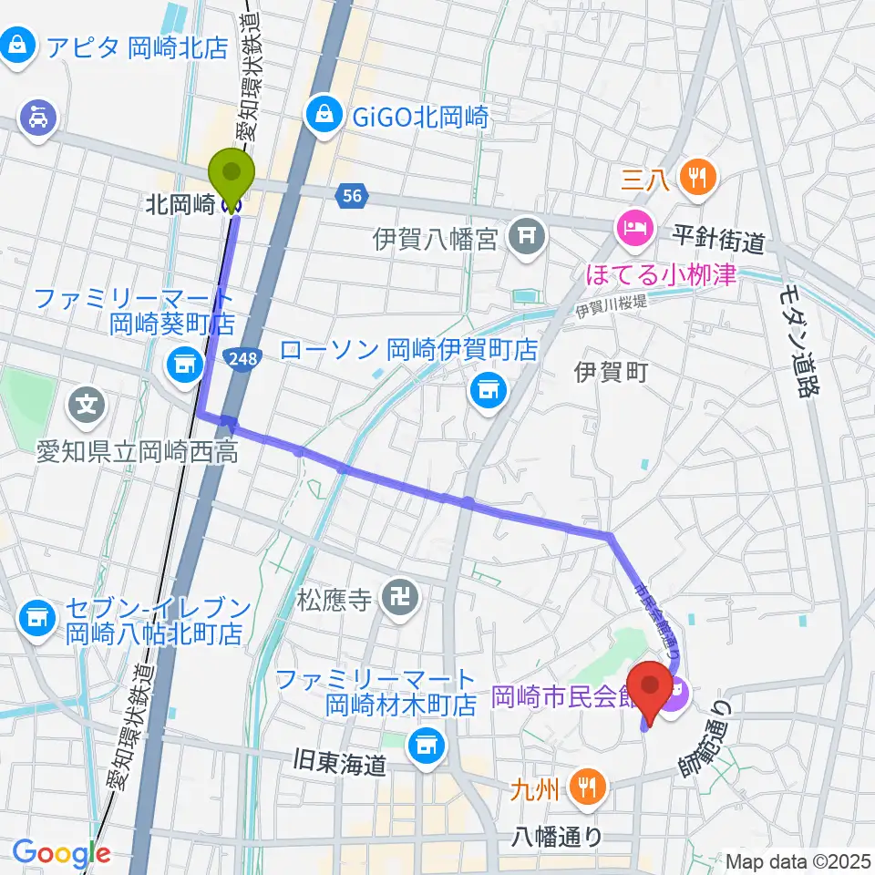 北岡崎駅から岡崎市甲山会館へのルートマップ地図