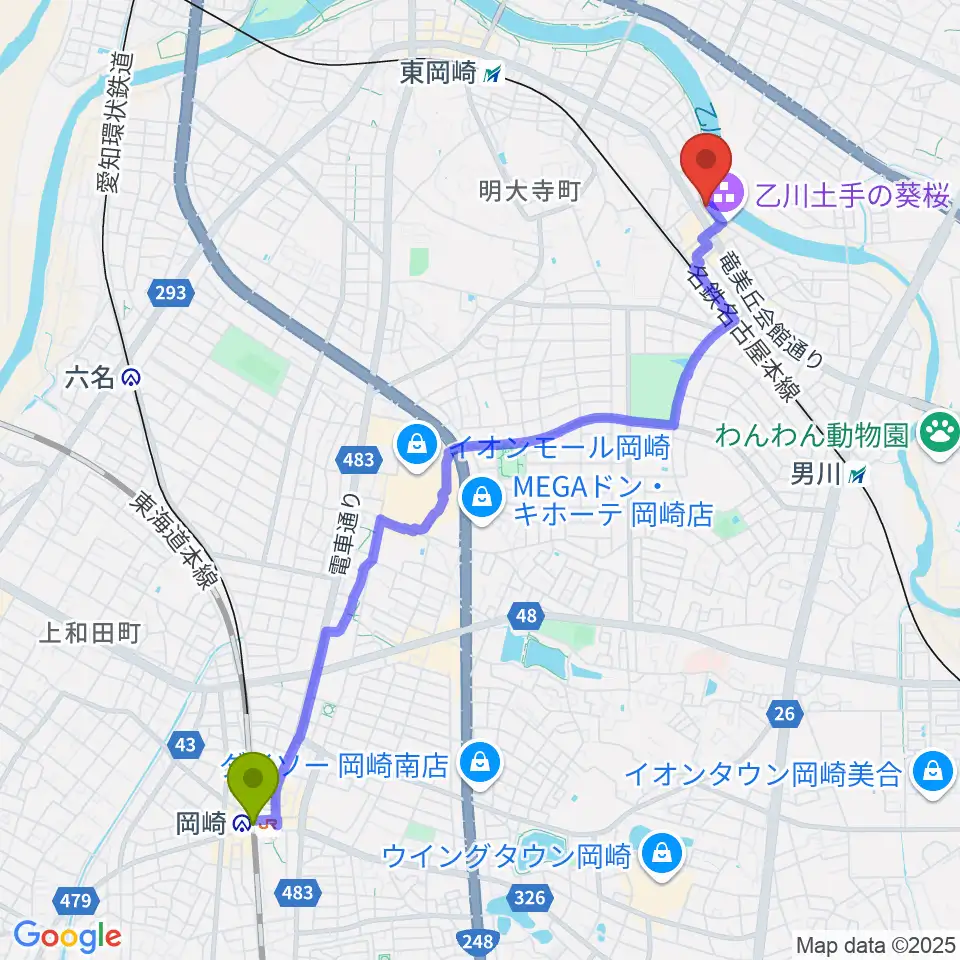 岡崎駅から岡崎市竜美丘会館へのルートマップ地図