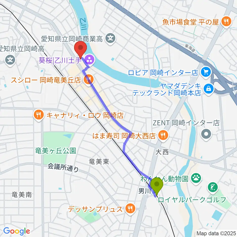 男川駅から岡崎市竜美丘会館へのルートマップ地図