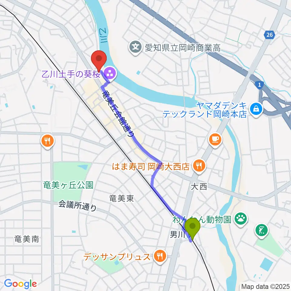 男川駅から岡崎市竜美丘会館へのルートマップ地図