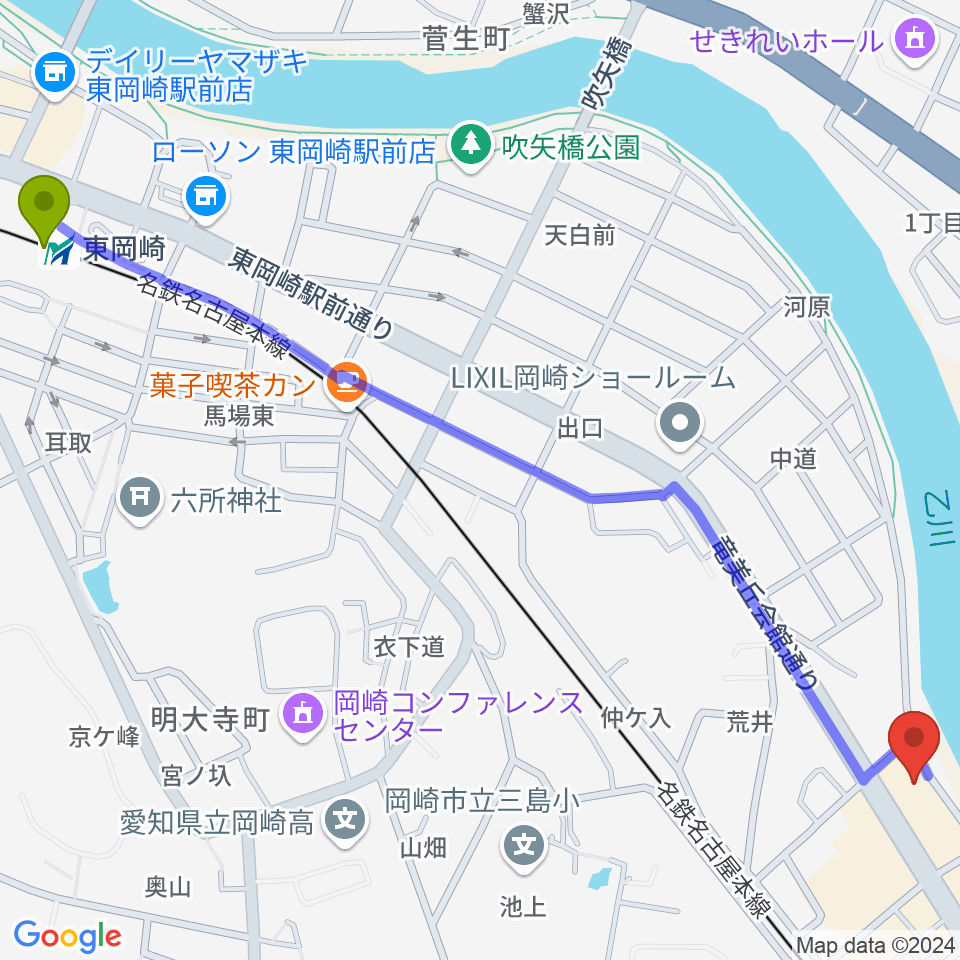 岡崎市竜美丘会館の最寄駅東岡崎駅からの徒歩ルート（約17分）地図