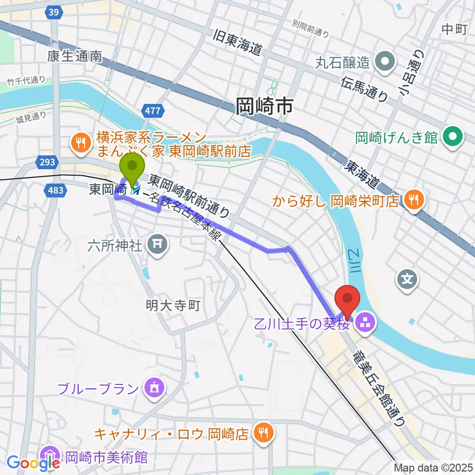 岡崎市竜美丘会館の最寄駅東岡崎駅からの徒歩ルート（約17分）地図