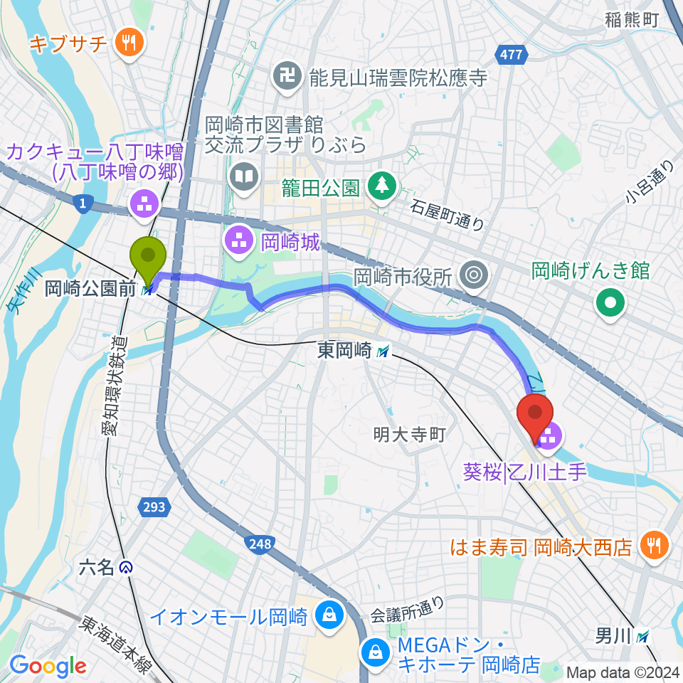 岡崎公園前駅から岡崎市竜美丘会館へのルートマップ地図