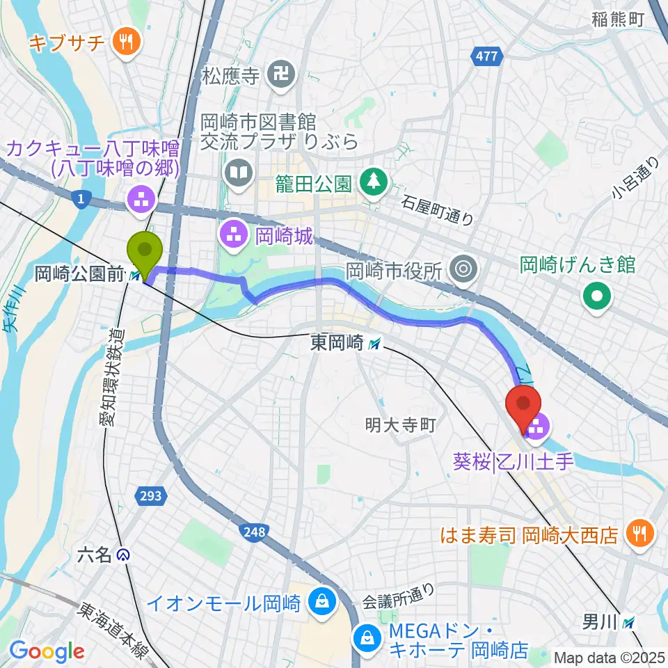 岡崎公園前駅から岡崎市竜美丘会館へのルートマップ地図