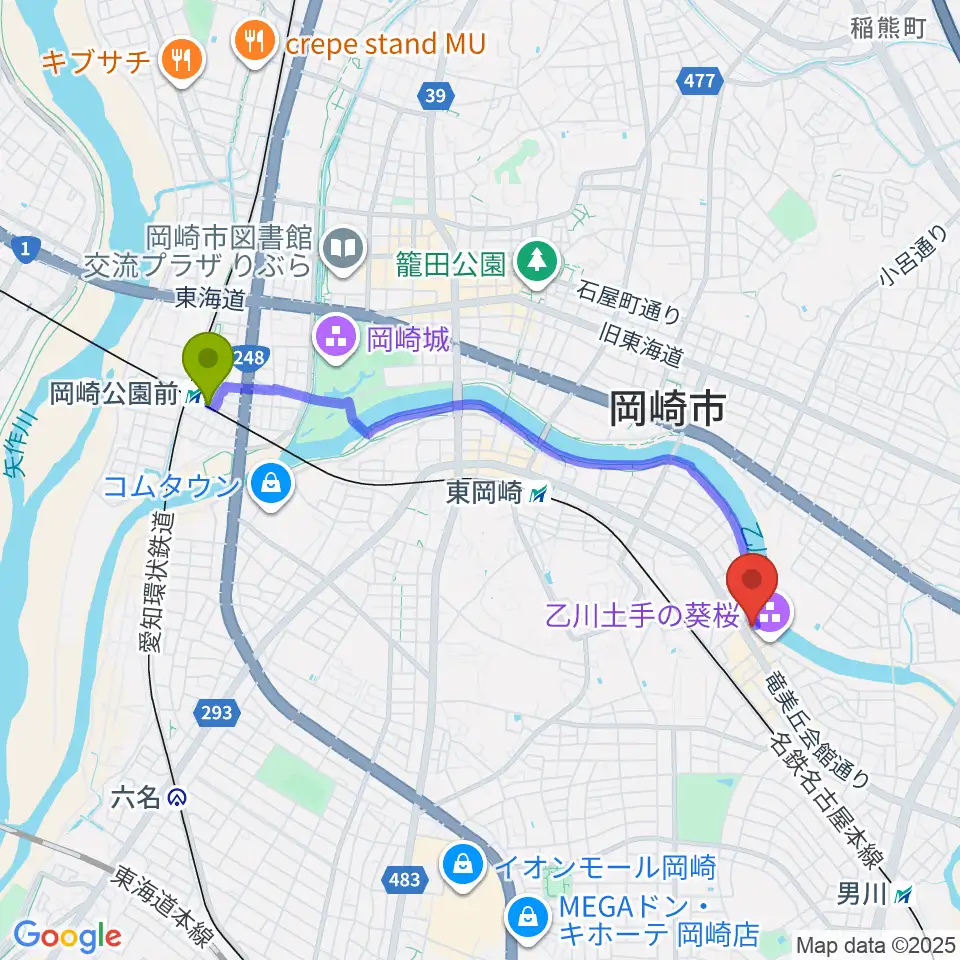 岡崎公園前駅から岡崎市竜美丘会館へのルートマップ地図
