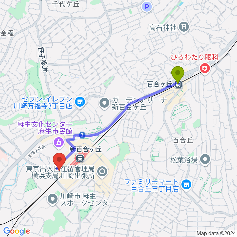 百合ヶ丘駅から新百合トウェンティワンホールへのルートマップ地図