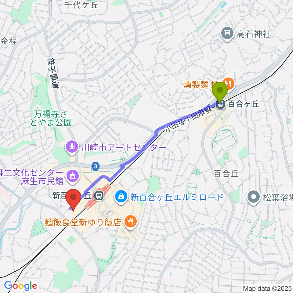 百合ヶ丘駅から新百合トウェンティワンホールへのルートマップ地図