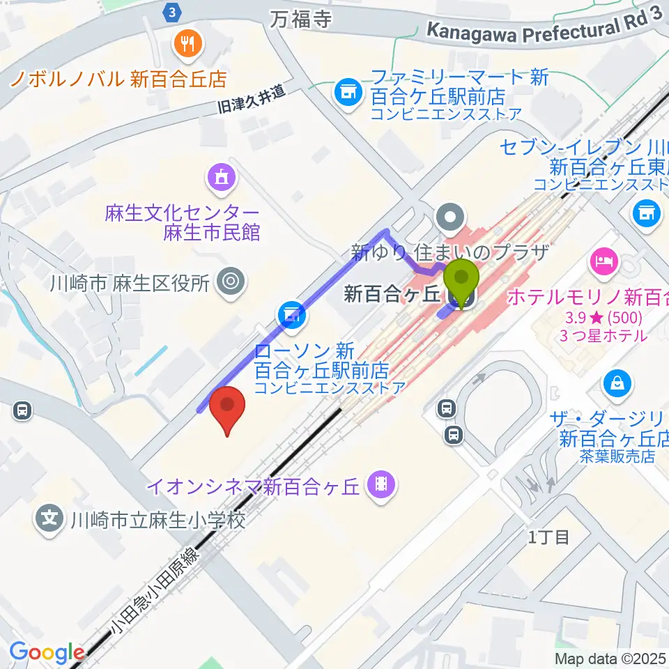 新百合トウェンティワンホールの最寄駅新百合ヶ丘駅からの徒歩ルート（約3分）地図