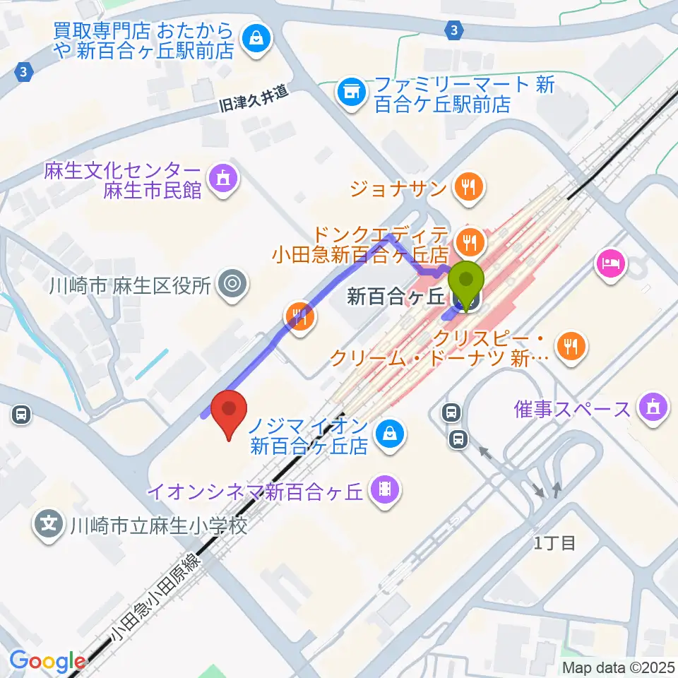 新百合トウェンティワンホールの最寄駅新百合ヶ丘駅からの徒歩ルート（約3分）地図
