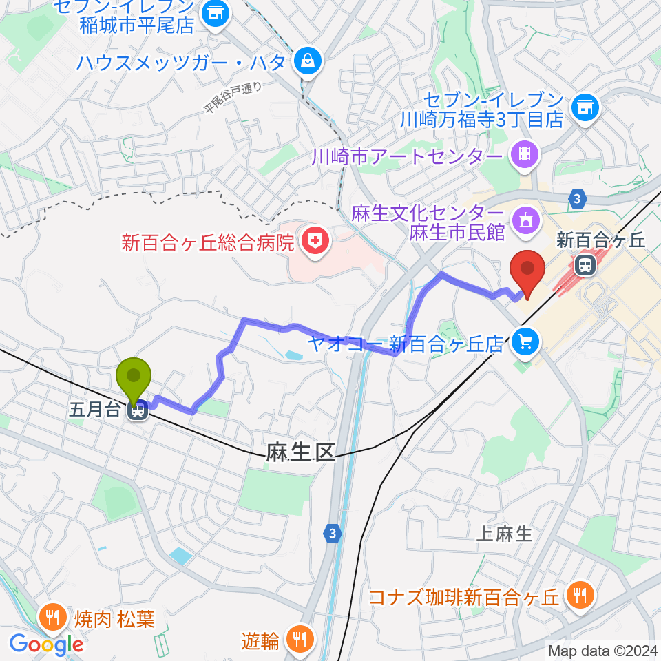 五月台駅から新百合トウェンティワンホールへのルートマップ地図