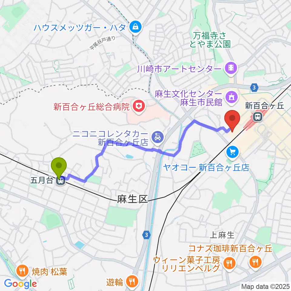 五月台駅から新百合トウェンティワンホールへのルートマップ地図