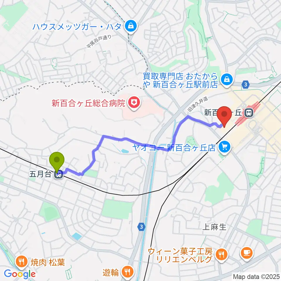 五月台駅から新百合トウェンティワンホールへのルートマップ地図