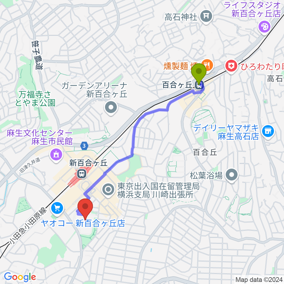 百合ヶ丘駅から昭和音楽大学 ユリホールへのルートマップ地図