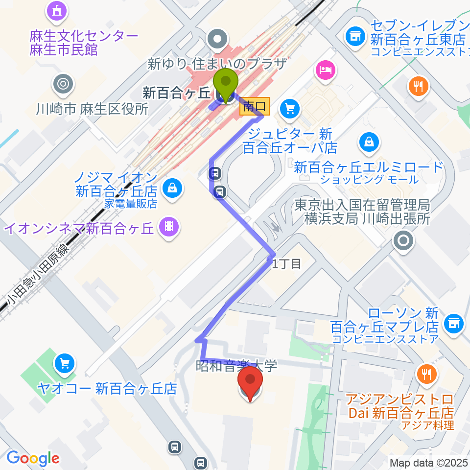 昭和音楽大学 ユリホールの最寄駅新百合ヶ丘駅からの徒歩ルート（約5分）地図