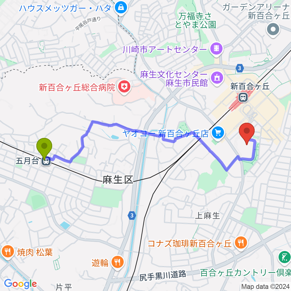 五月台駅から昭和音楽大学 ユリホールへのルートマップ地図